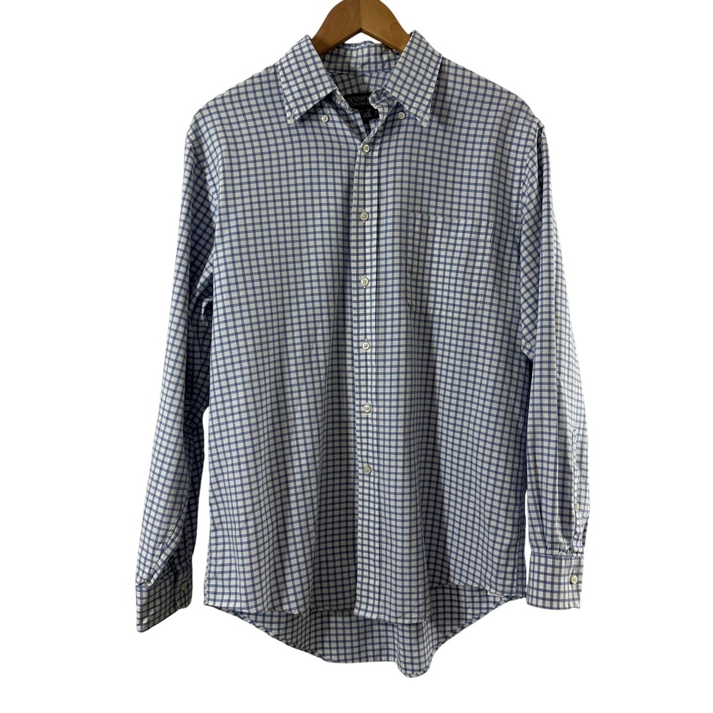 Lands End Mens Blue Gingham Check Button Down Shirt 15.5-34 Regular Fit Cotton